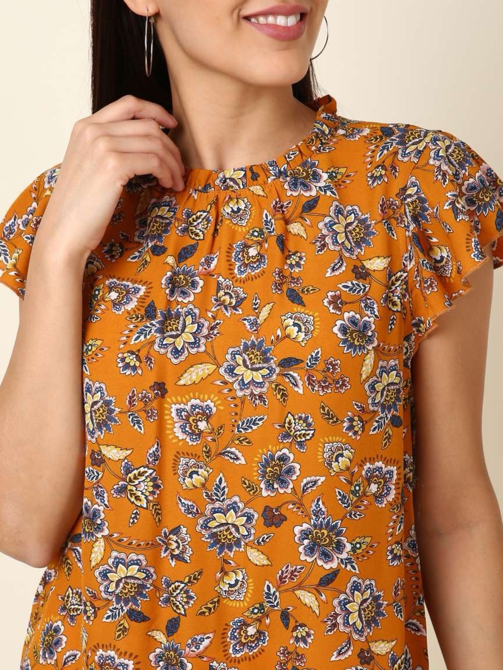 Forever 21| Mustard Yellow & Blue Floral Ruffle Sleeve Lightweight Blouse Sz S